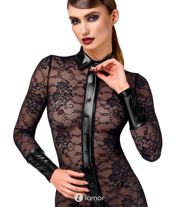 * NOIR handmade Noir Handmade Noirelle Midi Jurk van Kant en Powerwetlook met Knopen – Elegante Kanten Button-up Jurk F376