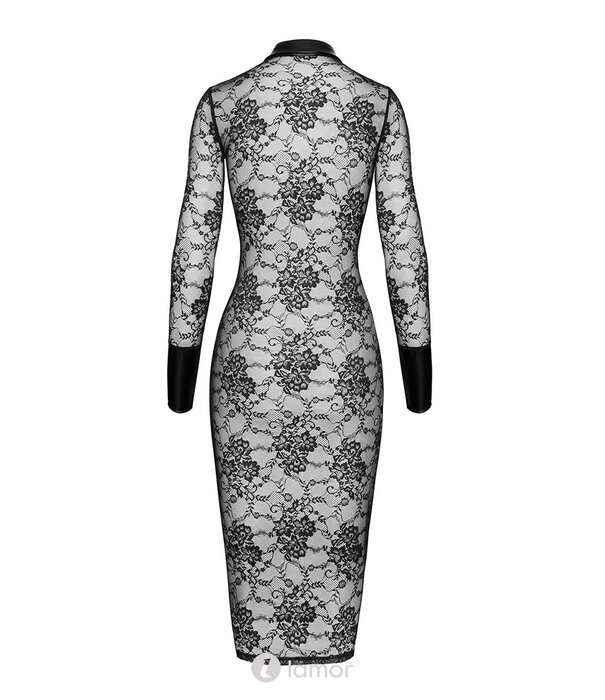 * NOIR handmade Noir Handmade Noirelle Midi Jurk van Kant en Powerwetlook met Knopen – Elegante Kanten Button-up Jurk F376