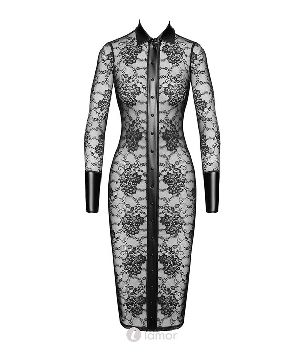 * NOIR handmade Noir Handmade Noirelle Midi Jurk van Kant en Powerwetlook met Knopen – Elegante Kanten Button-up Jurk F376