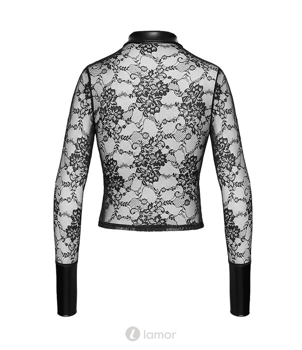 * NOIR handmade Noir Handmade Noirelle Kanten Shirt met Knopen en Powerwetlook Details – Elegant Transparant Button-up Shirt F377