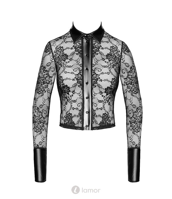 * NOIR handmade Noir Handmade Noirelle Kanten Shirt met Knopen en Powerwetlook Details – Elegant Transparant Button-up Shirt F377