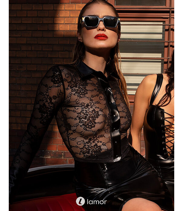 * NOIR handmade Noir Handmade Noirelle Kanten Shirt met Knopen en Powerwetlook Details – Elegant Transparant Button-up Shirt F377