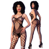 Chilirose CR4854 Zwarte Bodystocking met Netstof en Smalle Schouderbandjes