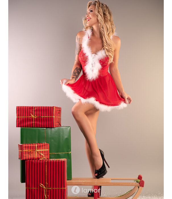 * LIVCO CORSETTI LivCo Corsetti Snowflake Babydoll rood – verleidelijke kerst babydoll met kap, kant en pluche afwerking