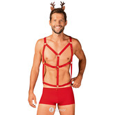 Obsessive Mr Reindy heren kostuum rood met verstelbare harness, boxershort en haarband in kerststijl