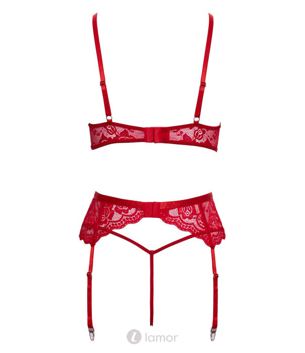 * COTTELLI  Cottelli Lingerie X-Mas 3-delig lingerieset met bh, jarretelgordel en string – rood met witte verenrand