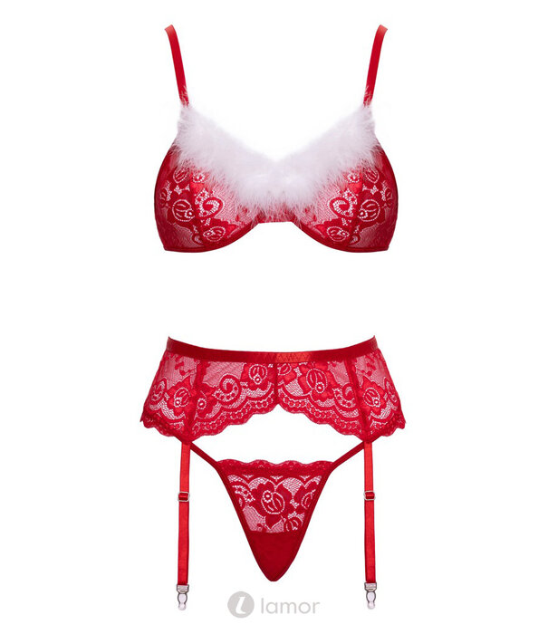 * COTTELLI  Cottelli Lingerie X-Mas 3-delig lingerieset met bh, jarretelgordel en string – rood met witte verenrand