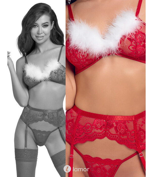 * COTTELLI  Cottelli Lingerie X-Mas 3-delig lingerieset met bh, jarretelgordel en string – rood met witte verenrand