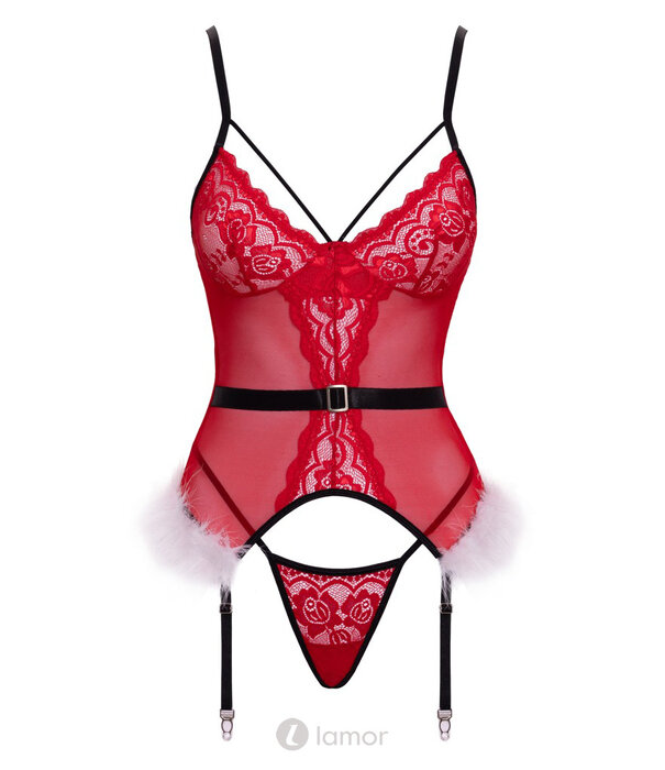 * COTTELLI  Cottelli Lingerie X-Mas strapssetje rood met witte verenrand en string – feestelijke lingerie