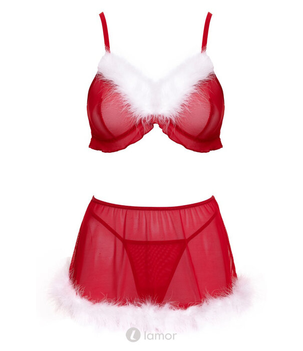 * COTTELLI  Cottelli Lingerie X-Mas 3-delig lingerie set met bh-top, minirok en string – rood met witte verenrand