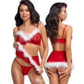 Cottelli Lingerie X-Mas 3-delig lingerie set met bh-top, minirok en string – rood met witte verenrand