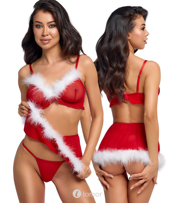 * COTTELLI  Cottelli Lingerie X-Mas 3-delig lingerie set met bh-top, minirok en string – rood met witte verenrand