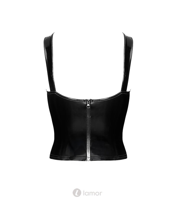 * NOIR handmade F379 Dominae Voorbind PVC Corset Top – Zwarte PVC Bustier met Vetersluiting en Rits
