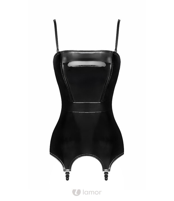 * NOIR handmade F381 Dominae Venom PVC Corset-Belt – Zwarte PVC Korsetgordel met Jarretelles en Rits
