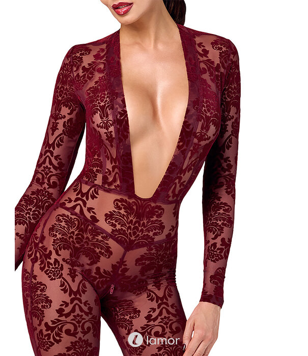 * NOIR handmade F382 Kink Royal Catsuit – Bourgondische Transparante Flocked Tulle Jumpsuit met Diepe Halslijn