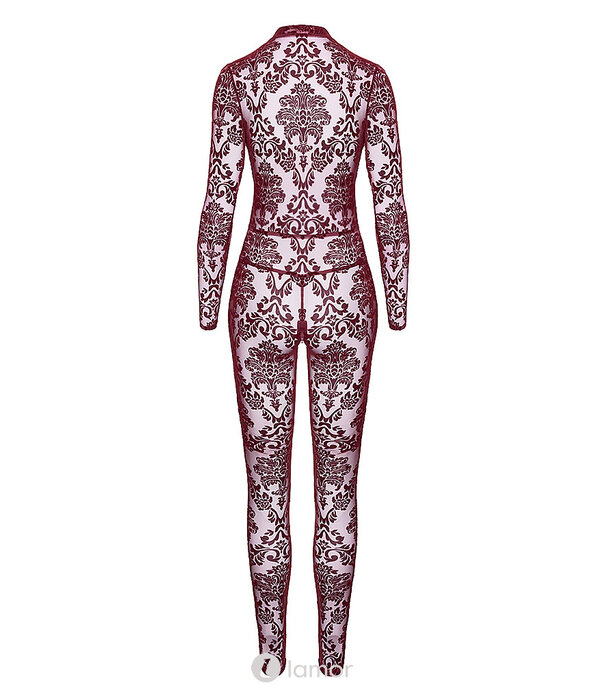 * NOIR handmade F382 Kink Royal Catsuit – Bourgondische Transparante Flocked Tulle Jumpsuit met Diepe Halslijn