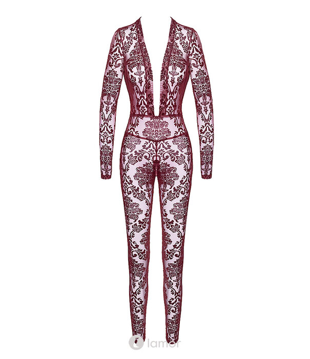 * NOIR handmade F382 Kink Royal Catsuit – Bourgondische Transparante Flocked Tulle Jumpsuit met Diepe Halslijn