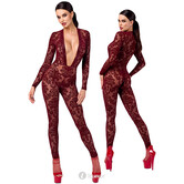 F382 Kink Royal Catsuit – Bourgondische Transparante Flocked Tulle Jumpsuit met Diepe Halslijn