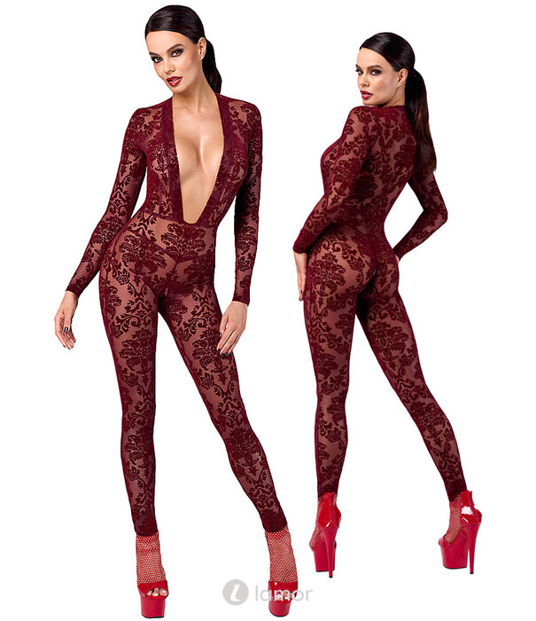 * NOIR handmade F382 Kink Royal Catsuit – Bourgondische Transparante Flocked Tulle Jumpsuit met Diepe Halslijn