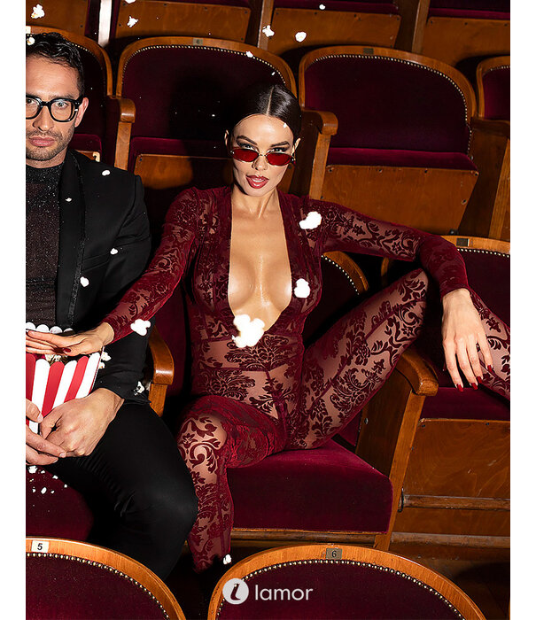 * NOIR handmade F382 Kink Royal Catsuit – Bourgondische Transparante Flocked Tulle Jumpsuit met Diepe Halslijn