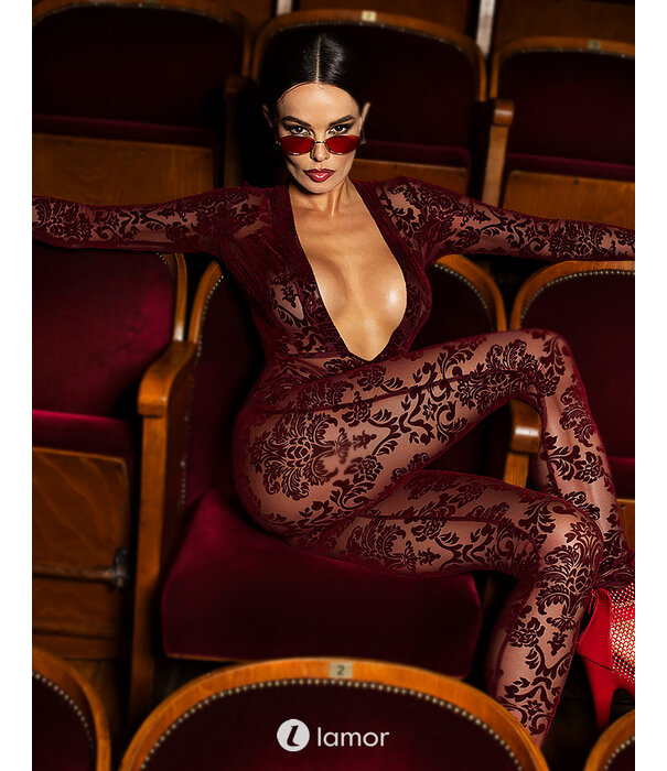 * NOIR handmade F382 Kink Royal Catsuit – Bourgondische Transparante Flocked Tulle Jumpsuit met Diepe Halslijn