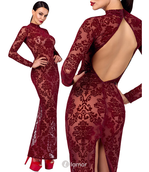 * NOIR handmade F383 Kink Royal Lange Jurk – Bourgondische Transparante Flocked Tulle Gown met Open Rug en Split