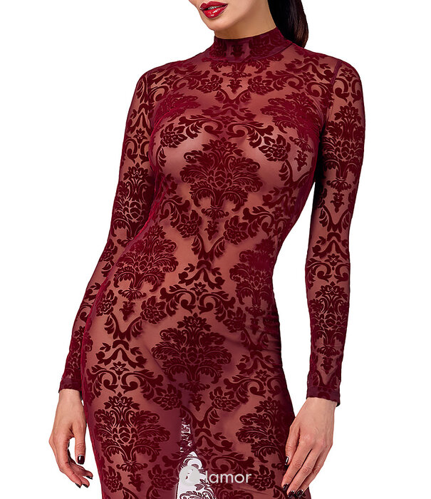 * NOIR handmade F383 Kink Royal Lange Jurk – Bourgondische Transparante Flocked Tulle Gown met Open Rug en Split