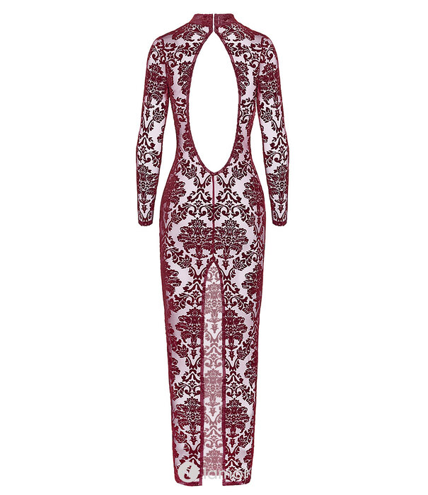 * NOIR handmade F383 Kink Royal Lange Jurk – Bourgondische Transparante Flocked Tulle Gown met Open Rug en Split