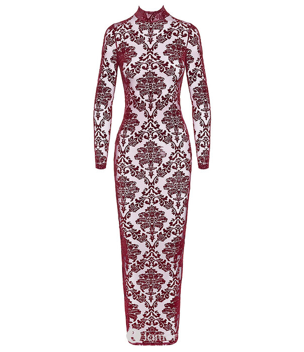 * NOIR handmade F383 Kink Royal Lange Jurk – Bourgondische Transparante Flocked Tulle Gown met Open Rug en Split