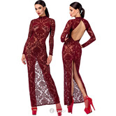 F383 Kink Royal Lange Jurk – Bourgondische Transparante Flocked Tulle Gown met Open Rug en Split