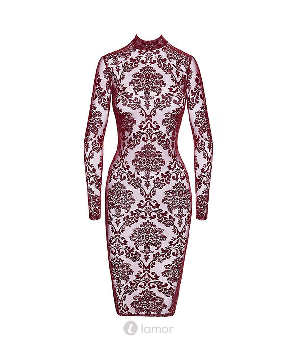 * NOIR handmade F384 Kink Royal Midi Jurk – Bourgondische Transparante Flocked Tulle Jurk met Open Rug