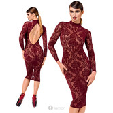 F384 Kink Royal Midi Jurk – Bourgondische Transparante Flocked Tulle Jurk met Open Rug