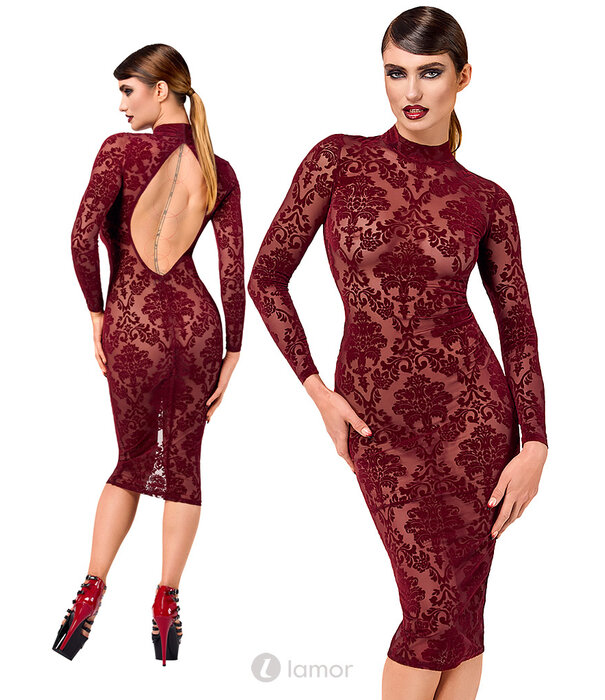 * NOIR handmade F384 Kink Royal Midi Jurk – Bourgondische Transparante Flocked Tulle Jurk met Open Rug