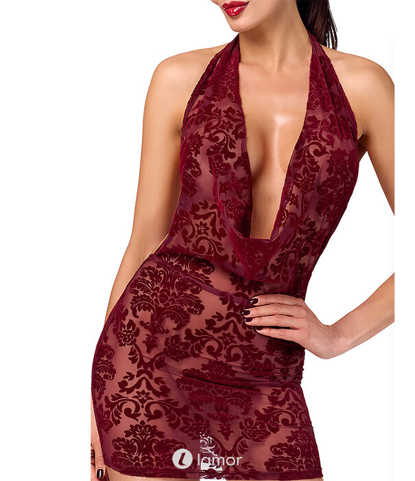 * NOIR handmade F385 Kink Royal Cascade Mini Jurk – Bourgondische Flocked Tulle Minijurk met Watervalhals en Open Rug