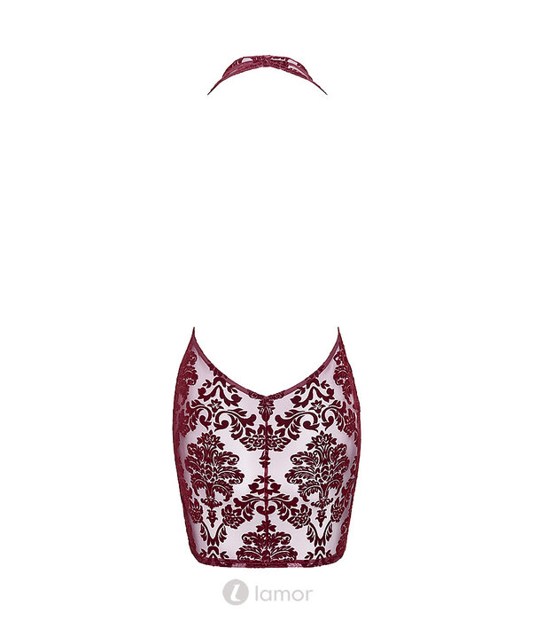 * NOIR handmade F385 Kink Royal Cascade Mini Jurk – Bourgondische Flocked Tulle Minijurk met Watervalhals en Open Rug