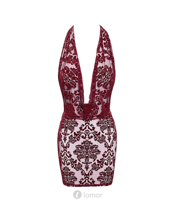 * NOIR handmade F385 Kink Royal Cascade Mini Jurk – Bourgondische Flocked Tulle Minijurk met Watervalhals en Open Rug