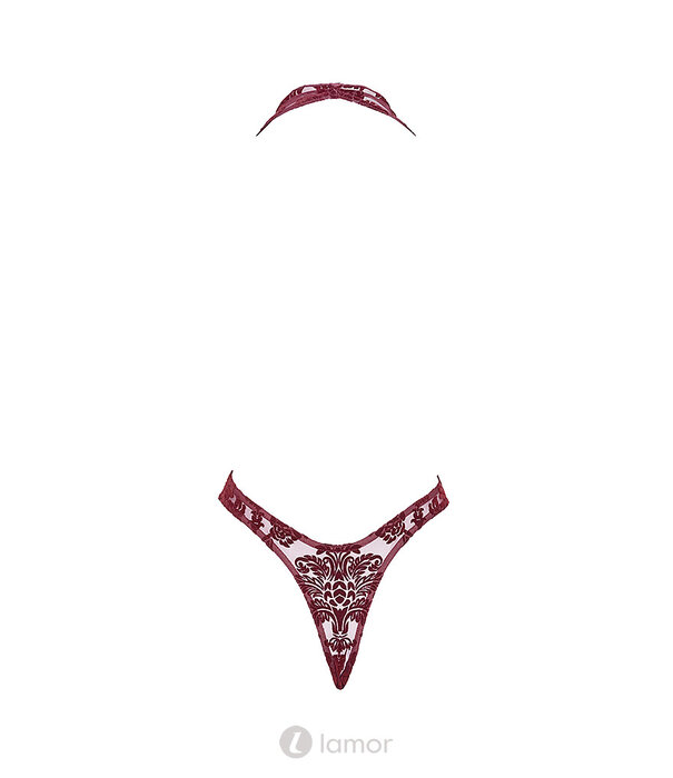 * NOIR handmade F386 Kink Royal Cascade Body – Bourgondische Flocked Tulle Body met Watervalhals en Open Rug