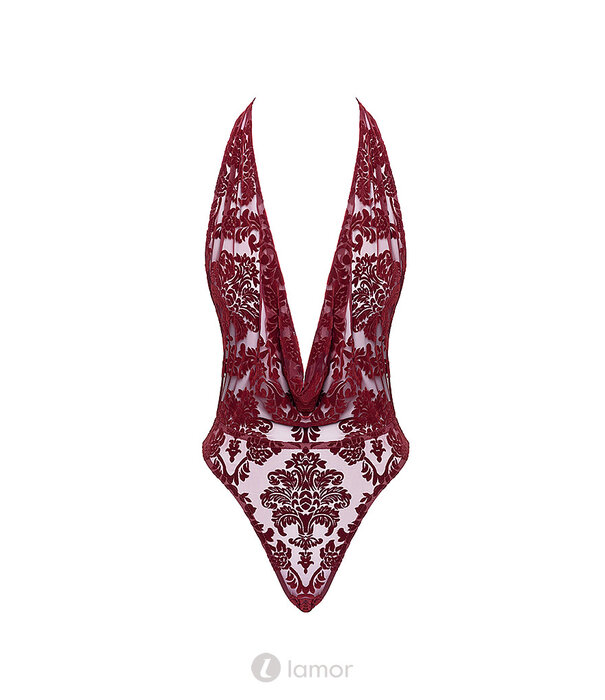 * NOIR handmade F386 Kink Royal Cascade Body – Bourgondische Flocked Tulle Body met Watervalhals en Open Rug