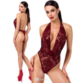 F386 Kink Royal Cascade Body – Bourgondische Flocked Tulle Body met Watervalhals en Open Rug