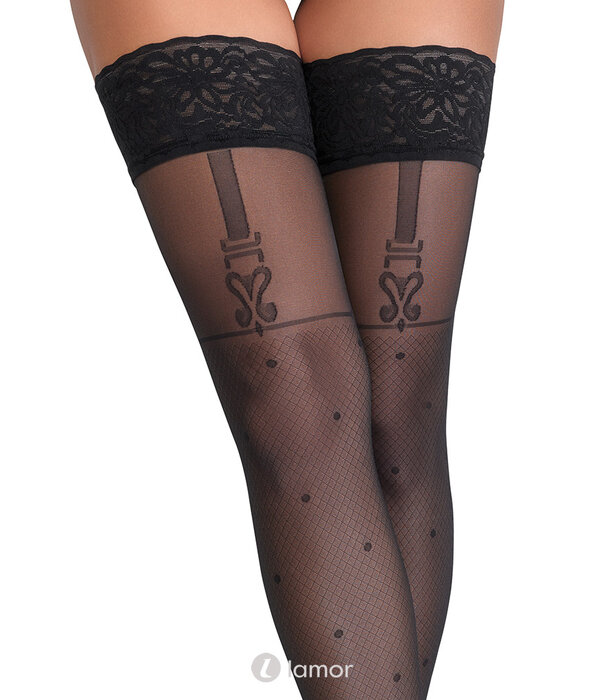* COTTELLI  LEGWEAR Cottelli halterloze kousen in fijne netlook met stippen en kanten boord – Zwart 40 den