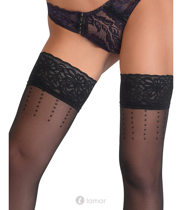 * COTTELLI  LEGWEAR Cottelli halterloze kousen met stippen, naad en 9 cm brede kanten boord – Zwart 20 den