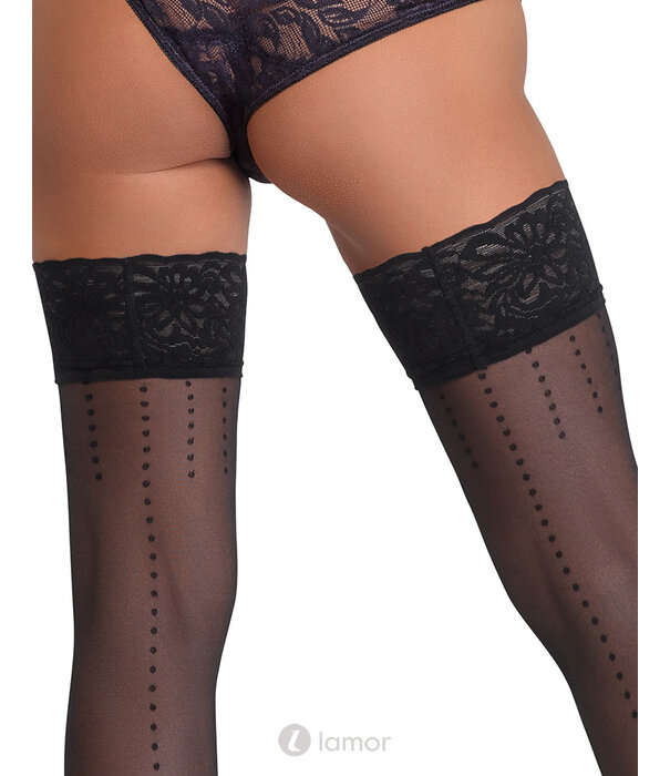 * COTTELLI  LEGWEAR Cottelli halterloze kousen met stippen, naad en 9 cm brede kanten boord – Zwart 20 den