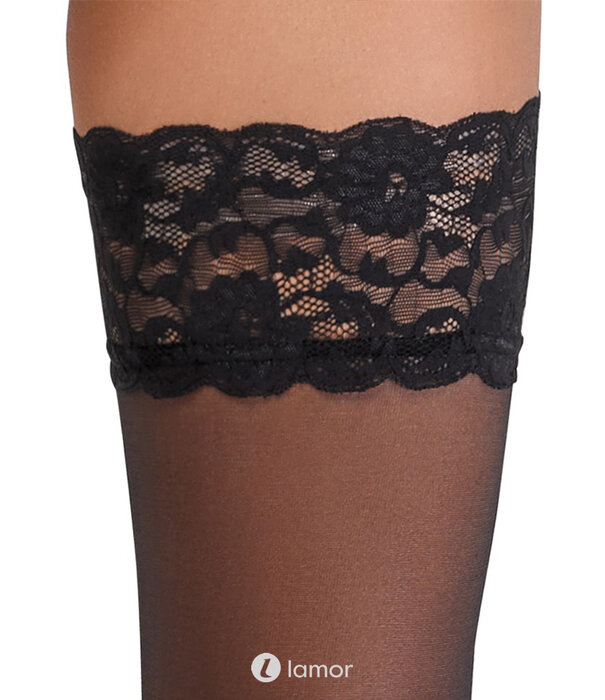 * COTTELLI  LEGWEAR Cottelli halterloze kousen met 9 cm brede kanten boord en siliconen rand – Zwart 20 den