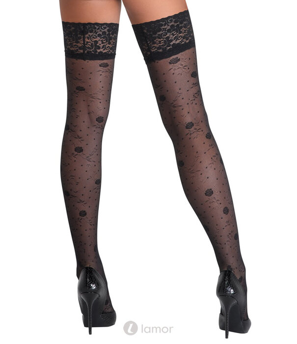 * COTTELLI  LEGWEAR Cottelli halterloze kousen met fijn rozenpatroon en 9 cm kanten boord – Zwart 20 den