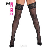 Cottelli halterloze kousen met fijn rozenpatroon en 9 cm kanten boord – Zwart 20 den