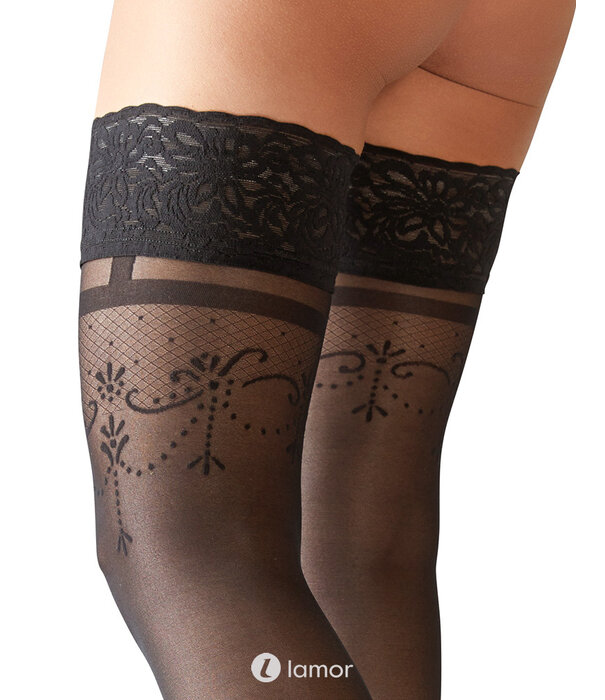 * COTTELLI  LEGWEAR Cottelli halterloze kousen met kanten boord en fijn rugpatroon – Zwart