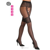 Cottelli ouvert panty met ingebreide jarretellook en kanten details – Zwart 20 den