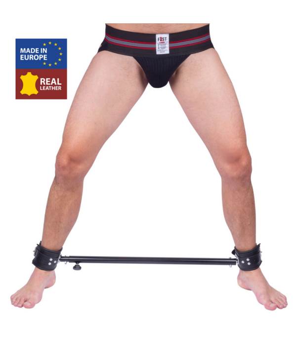 Red Leather Verstelbare metalen spreidbalk met leren manchet - 65 tot 120 cm - Zwart