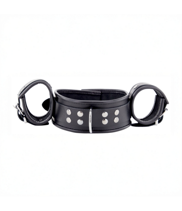 Red Leather Leren Hals- en Handboeien - Zwart