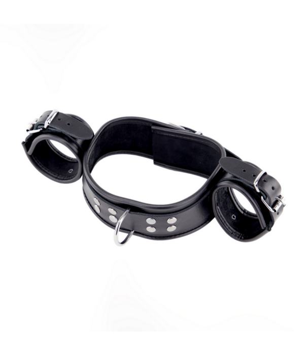 Red Leather Leren Hals- en Handboeien - Zwart